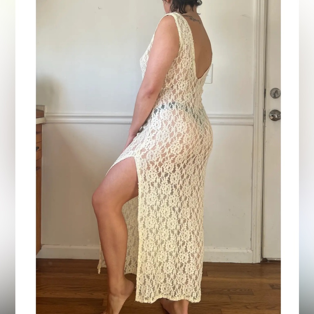 RARE VICTORIA SECRETS 80’s SEXY LACE SLIT SLIP MAXI DRESS SIZE L IN IVORY